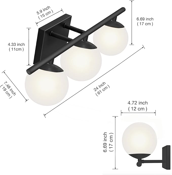 New Bathroom Vanity Light Fixtures Brushed Bronze Milk White Globe Glass Shade Modern Wall Bar Sconce Over Mirror (Black, 3 light-24inch-G9)