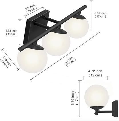 New Bathroom Vanity Light Fixtures Brushed Bronze Milk White Globe Glass Shade Modern Wall Bar Sconce Over Mirror (Black, 3 light-24inch-G9)