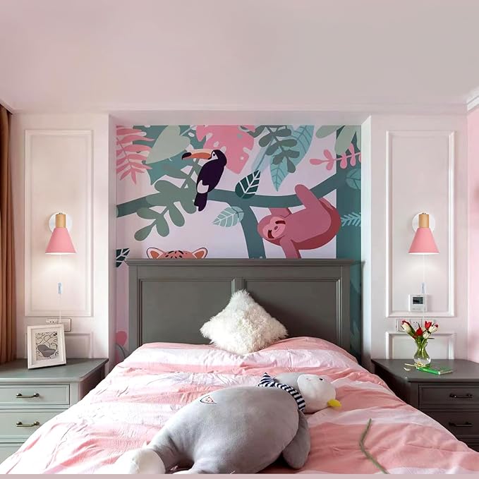 Plug in Wall Sconces Lighting Fixture Pack of 2, Wooden Adjustable Pink Bedside Wall lamp for Industrial Bedroom, Bathroom Sink Lighting (Plug-in Pink)