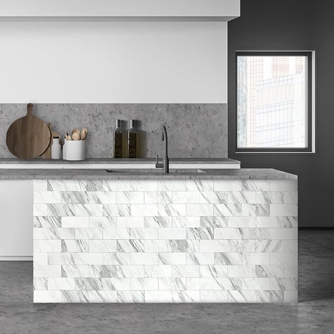 AULIGET 3" x 6" Subway Tile Peel and Stick Backsplash, Thick PVC Stick on Wall Tiles (4, White Marble Look)