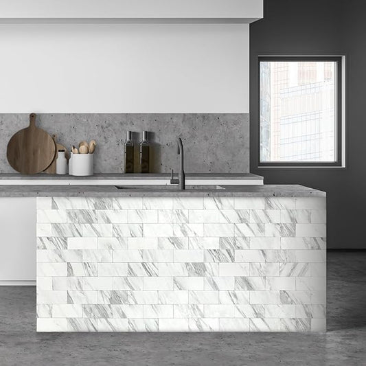 AULIGET 3" x 6" Subway Tile Peel and Stick Backsplash, Thick PVC Stick on Wall Tiles (4, White Marble Look)