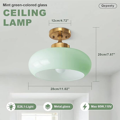 Mid Century Modern Ceiling Lamp 1-Light Gold Ceiling Light Classic Green Glass Shade Vintage Design Glass Flush Mount Lights for Hallway Living Room Kitchen (Mint Green)