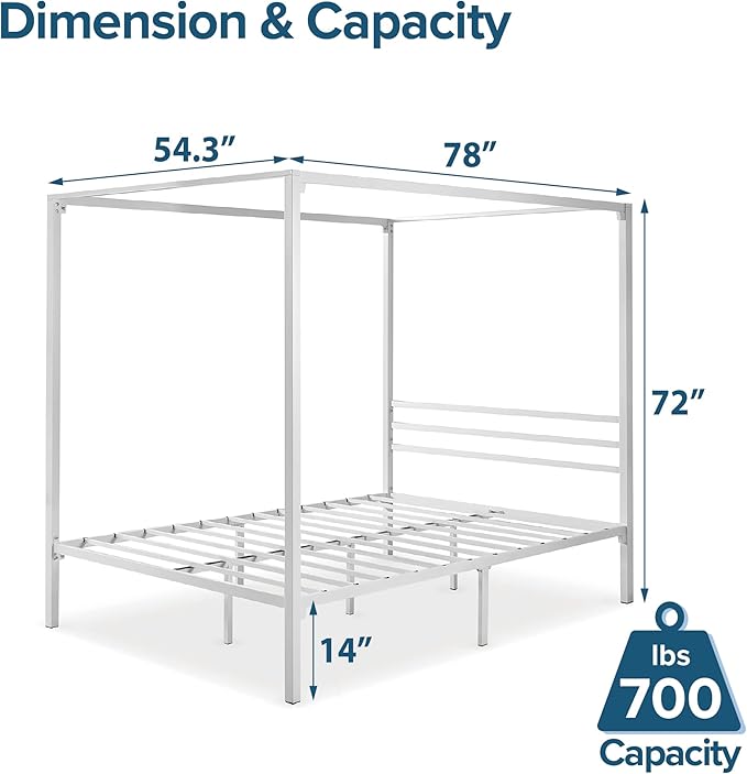 ZINUS Patricia White Metal Canopy Platform Bed Frame, Mattress Foundation with Steel Slat Support, No Box Spring Needed, Easy Assembly, Full