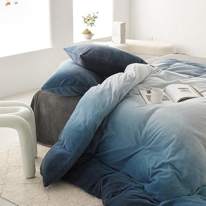 CLOTHKNOW Blue and White Velvet Full Size Comforter Sets 3Pcs Fluffy Bedding Comforter Sets Soft Dark Blue Comforter with 2 x Pillowcases