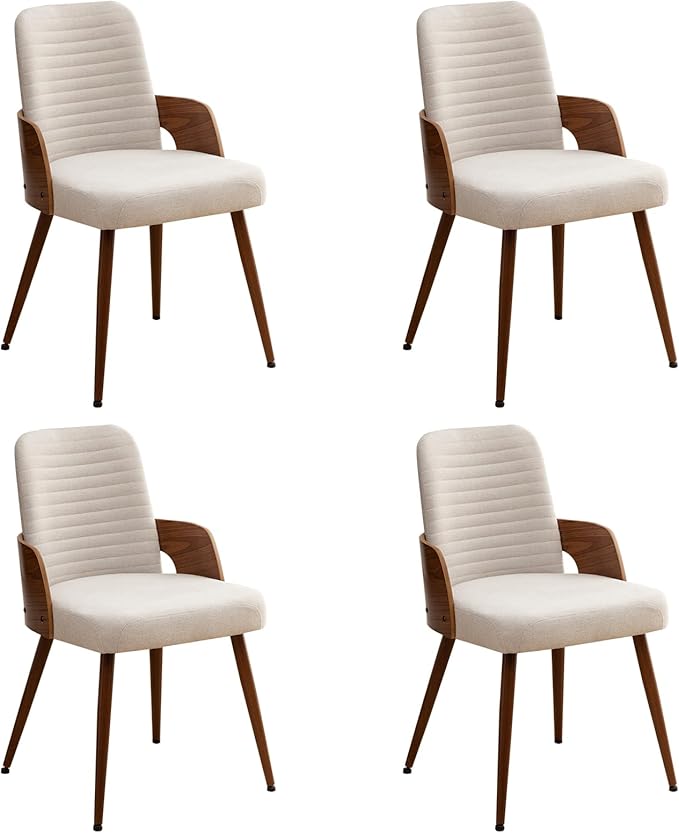 Dining Room Chairs Set of 4,Mid Century Modern Kitchen Chairs,Upholstered Beige Fabric Chairs,Metal Legs Wooden Desk Chairs Armless and No Wheels for Kitchen Dining Living Room