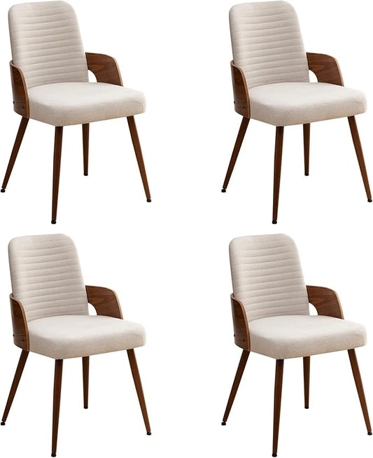Dining Room Chairs Set of 4,Mid Century Modern Kitchen Chairs,Upholstered Beige Fabric Chairs,Metal Legs Wooden Desk Chairs Armless and No Wheels for Kitchen Dining Living Room