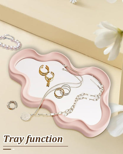 Funky Small Decorative Wall Mirror - Pink Asymmetrical Wavy Design,Hanging Mirror for Bedroom, Bathroom Entryway Modern Irregular Squiggly Shape,Compact Size, Easy Install