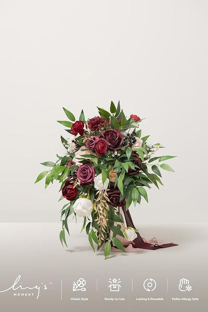 Ling's moment Burgundy Bridal Bouquet Cascading, Marsala Wedding Bouquets for Bride, 13 Inch Bride Bouquets for Wedding Artificial Flowers Bouquets