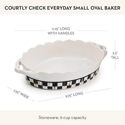 MACKENZIE-CHILDS Everyday Oval Casserole Baker, Cute Oven Baker, Small, Black-and-White Courtly Check