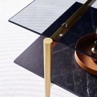 Rectangle Coffee Table for Living Room, Mid-Century Modern Design, L41 x W21 x H17, 2-Tier Structure, Clear Glass Top and Black Marble Wood Shelf, Conical Metal Legs with Gold Finish