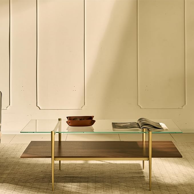 Saint Mossi Tadio X-Large Glass Coffee Table, Clear Double Layer Glass Coffee Table for Living Room, Clear Glass & Coffee Brown Bottom Shelf