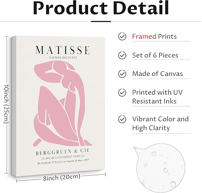 Henri Matisse Wall Art Prints Pink Blue Canvas Wall Decor Aesthetic Pictures Wall Art Danish Pastel Painting Henri Matisse Poster Trendy Artwork for Bedroom 8x10 Inch Wrapped Canvas Set of 6