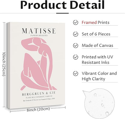 Henri Matisse Wall Art Prints Pink Blue Canvas Wall Decor Aesthetic Pictures Wall Art Danish Pastel Painting Henri Matisse Poster Trendy Artwork for Bedroom 8x10 Inch Wrapped Canvas Set of 6