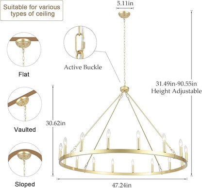 16-Light Gold Wagon Wheel Chandelier 47in Large Chandeliers for High Ceilings Round Farmhouse Light Fixtures Over Table Rustic Light Fixture for dining room,Foyer,Living Room,High Ceiling,Entryway,E12