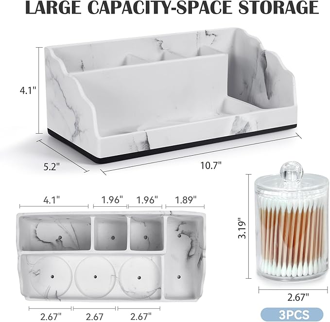 Bathroom Counter Organizer with 3PCS Qtip Holder, Marble Toothbrush Holders for Bathrooms, Bathroom Organizers and Storage with Drain Holes, Electric Toothbrush Holder, Vanity Organizer