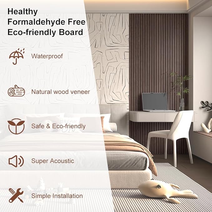 2PCS Wood Slat Acoustic Wall Panels for Ceiling and Wall Decor 3D Fluted Sound Absorbing Textured Panel with Wood Finish 108"×6" (Cherry Dark)