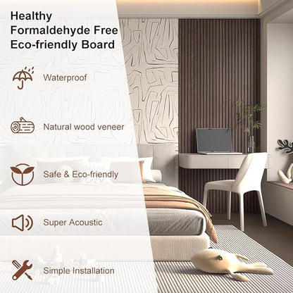 2PCS Wood Slat Acoustic Wall Panels for Ceiling and Wall Decor 3D Fluted Sound Absorbing Textured Panel with Wood Finish 108"×6" (Cherry Dark)