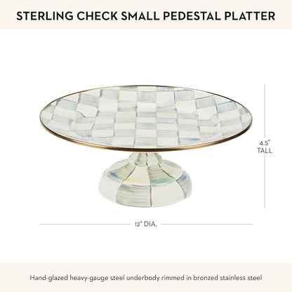 MACKENZIE-CHILDS Enamel Pedestal Platter, Round Cake Stand, Small, Gray-and-White Sterling Check