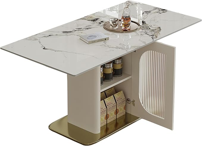 Montary 63" Modern Dining Table for 4-6 People, Kitchen Table with Storage Shelf & Acrylic Door Cabinet, Sintered Stone Tabletop with Golden Solid Wood Base, Perfect for Apartments and Home Use