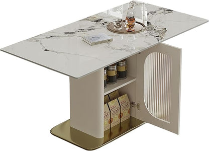 Montary 63" Modern Dining Table for 4-6 People, Kitchen Table with Storage Shelf & Acrylic Door Cabinet, Sintered Stone Tabletop with Golden Solid Wood Base, Perfect for Apartments and Home Use