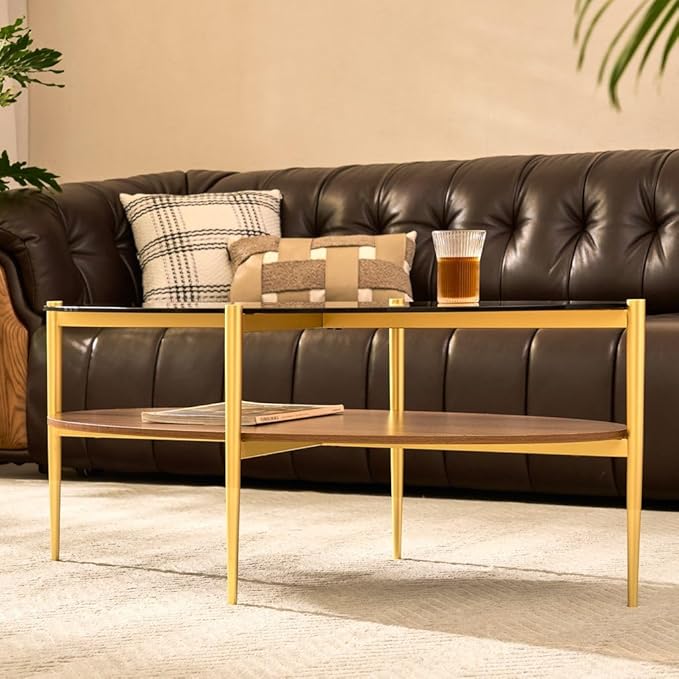 AGV LIGHTING Oval Coffee Table, Mid-Century Modern Coffee Table, Glass Coffee Table, Glod Finish Legs, Amber Brown Glass Top with Walnut MDF Shelf