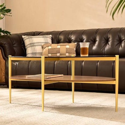 AGV LIGHTING Oval Coffee Table, Mid-Century Modern Coffee Table, Glass Coffee Table, Glod Finish Legs, Amber Brown Glass Top with Walnut MDF Shelf