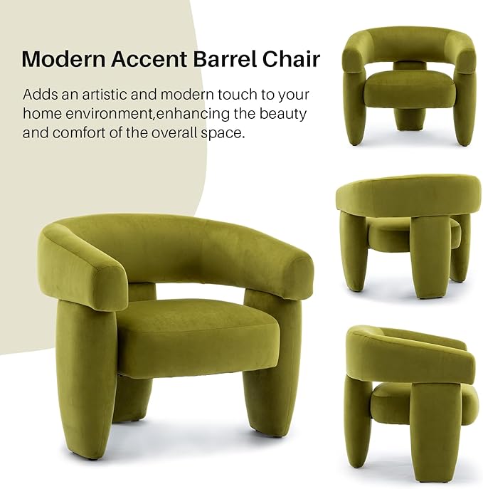 Mid Century Modern Accent Barrel Chair Comfy Upholstered Round Armchair with Montage Design, Velvet Boucle Lounge Chair for Living Room Bedroom Apartment, Green