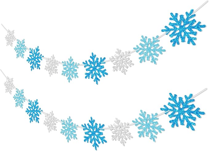 2Pack Silver Blue Snowflake Garland Winter Wonderland Decorations, Glitter Snowflake Banner for Boy Frozen Birthday Party Decorations and Christmas Baby Shower Party Supplies, No DIY.