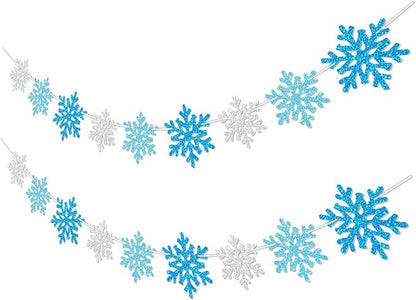 2Pack Silver Blue Snowflake Garland Winter Wonderland Decorations, Glitter Snowflake Banner for Boy Frozen Birthday Party Decorations and Christmas Baby Shower Party Supplies, No DIY.