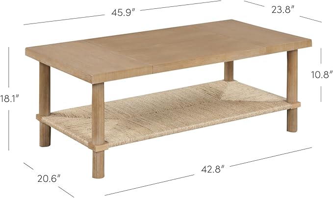 Nathan James Beacon Bohemian Coffee Table with Storage, 2-Tier Rectangle Coffee Table with Solid Wood Legs and Seagrass Shelf, Light Brown