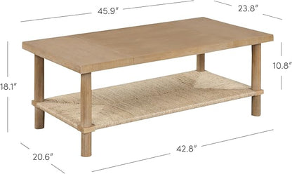 Nathan James Beacon Bohemian Coffee Table with Storage, 2-Tier Rectangle Coffee Table with Solid Wood Legs and Seagrass Shelf, Light Brown