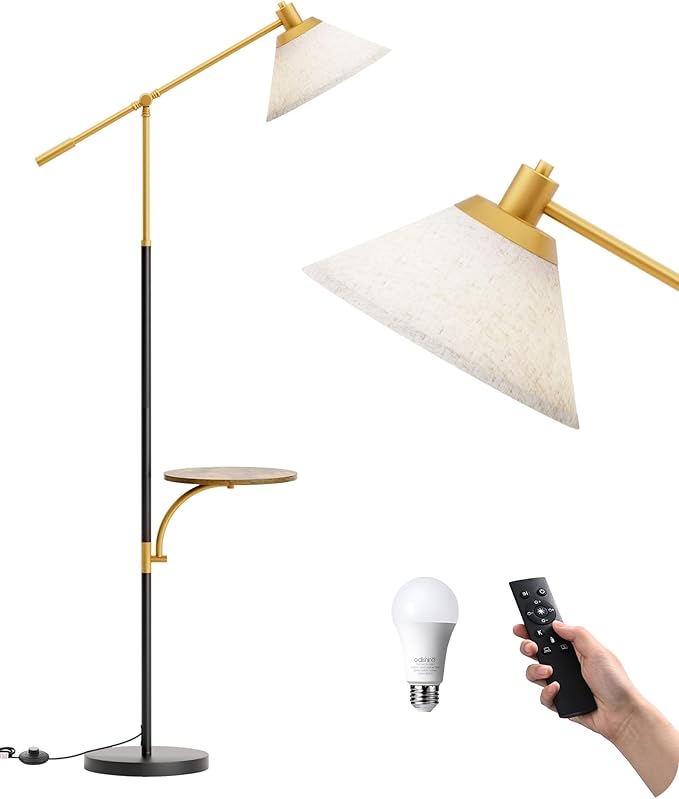EDISHINE 68" Arc Floor Lamp with Table, Vintage Standing Lamp for Living Room, Height Adjustable, 5 Color Temperatures LED Bulb Included, Beige Shade, for Bedroom Office, Wood Grain