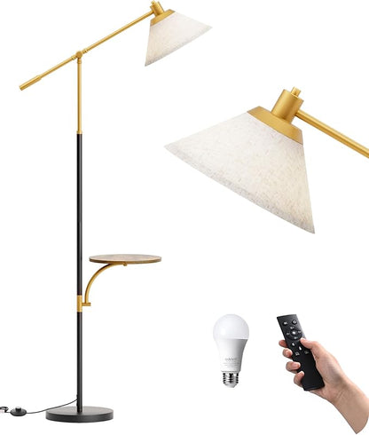 EDISHINE 68" Arc Floor Lamp with Table, Vintage Standing Lamp for Living Room, Height Adjustable, 5 Color Temperatures LED Bulb Included, Beige Shade, for Bedroom Office, Wood Grain