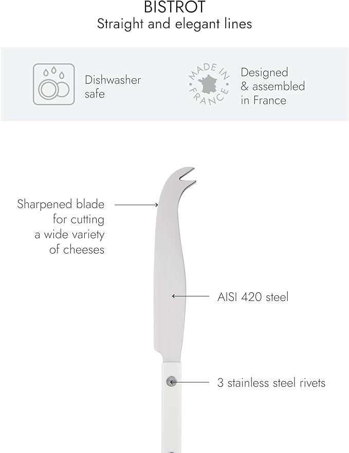 Cheese Knife 9.4 inches - Bistrot Collection - All Cheeses - Stainless Steel & Nylon - Dishwasher Safe - White - Brilliant Finish