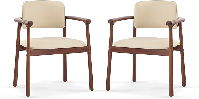 Christopher Knight Home Emeny Modern Faux Leather Upholstered Dining Chairs Set of 2, PU Kitchen Side Chairs with Wooden Frame, Living Room Comfy Reading Chair with Curved Backrest, Beige+Dark Walnut