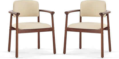 Christopher Knight Home Emeny Modern Faux Leather Upholstered Dining Chairs Set of 2, PU Kitchen Side Chairs with Wooden Frame, Living Room Comfy Reading Chair with Curved Backrest, Beige+Dark Walnut