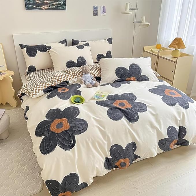 CLOTHKNOW Black Sunflower King Size Comforter Set Floral Bedding Comforter Sets Pumpkin Grid Comforter Boho Comforter with 2 x Pillow Cases