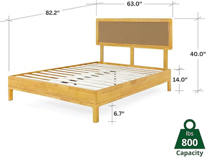 Bme Nipe Bed Frame with Headboard, Bohemian and Mid-Century Modern Style, Solid Rubber Wood Platform Bed with Slat Support, No Box Spring Needed, Easy Assembly, Queen - Natural