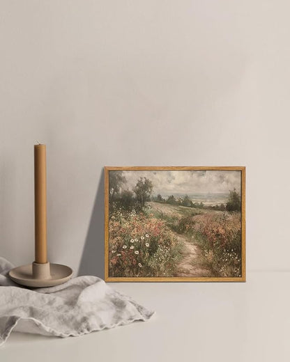 KBKBART Framed Canvas Wall Art for Living Room, Vintage Countryside Wildflower Field Painting Farmhouse Decor, Retro Nature Wilderness Canvas Art Prints for Wall Decor, Rustic Landscape Wall Decor for Bathroom, Bedroom Living Room(8"x10")