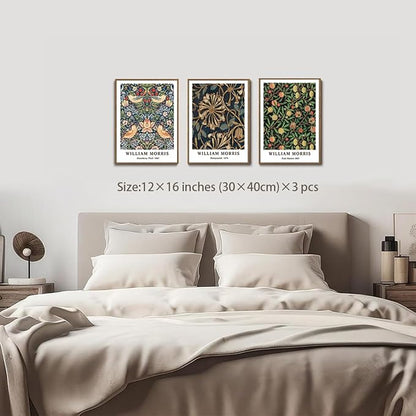 ILLBDR William Morris Framed Wall Art Vintage Botanical Canvas Wall Art Set of 3 Gold Strawberry Thief Prints Cotton Artwork Birds Pictures Decor for Bedroom Living Room 12x16 Inch