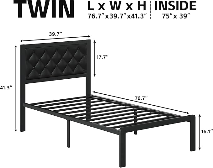 Twin Bed Frame with Headboard PU Leather Upholstered Bed Frame Platform,All Metal Slats Support Platform Bed Frame with Storage Space,Easy Assembly,Noise Free,No Box Spring Needed,Black