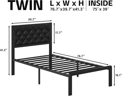 Twin Bed Frame with Headboard PU Leather Upholstered Bed Frame Platform,All Metal Slats Support Platform Bed Frame with Storage Space,Easy Assembly,Noise Free,No Box Spring Needed,Black