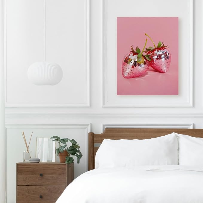 APJYM Funky Red Strawberry Wall Art, Trendy Retro Y2K Disco Ball Strawberry Canvas Wall Art, Aesthetic Posters for Girls Bedroom, Pink Room Decor Y2K, Preppy Room Decor, 11x14 Inches Framed