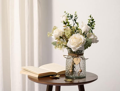 YJ Fake Flowers with Vase, Silk Roses Artificial Flowers in Vase, Faux Flower Plant Arrangement Suitable for Home Office Decoration, White