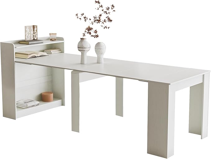 21''- 98.43'' Extendable Dining Room Table, Expandable Dining Table, Modern Large Table, for 2-9 Person(with Shelf), White