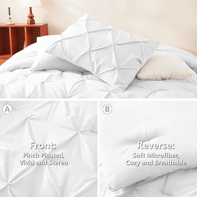 CozyLux Queen Comforter Set White, 7 Pieces Pintuck Bed in A Bag, Premium White Comforter Queen Size, Pinch Pleat Bedding Sets with Comforter, Sheets, Pillowcases & Shams