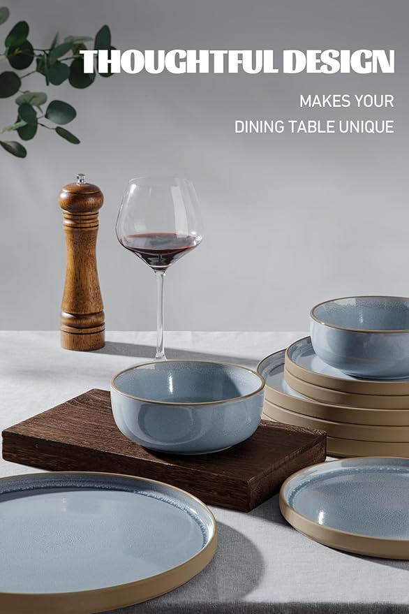 Famiware Nature Plates and Bowls Sets, 12 Pieces Stoneware Dinnerware Sets, Dishes Set for 4, Dishware Sets, Microwave and Dishwasher Safe, Light Blue