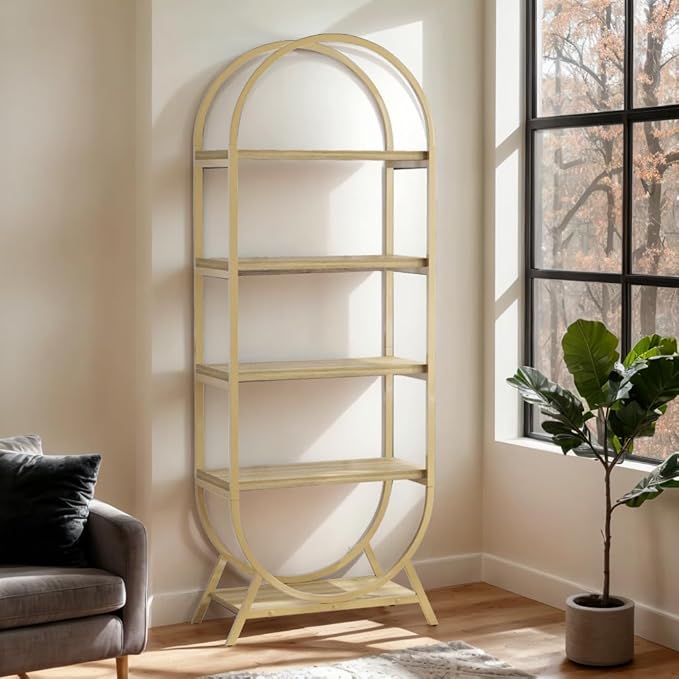 Arched Bookshelf,5-Tier Tall Wide Open Bookshelf,Modern Brown Storage Display Rack Shelving Unit for Office, Bedroom, Living Room, Easy Assembly, Gold and Nature Wood