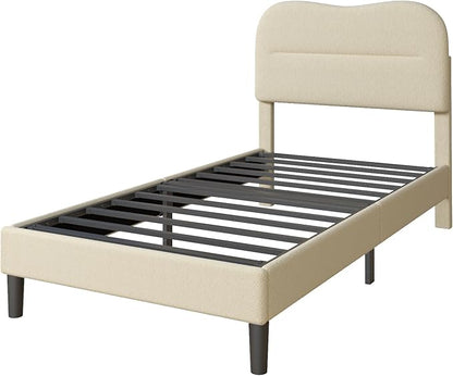 Twin Bed Frames with Headboard, Upholstered Bed Frame Twin, Teddy Soft Boucle Fabric Twin Size bedframes, Soft Cloud Marshmallow Shape Upholstered Headboard, No Box Spring Needed, Noise Free (Beige)