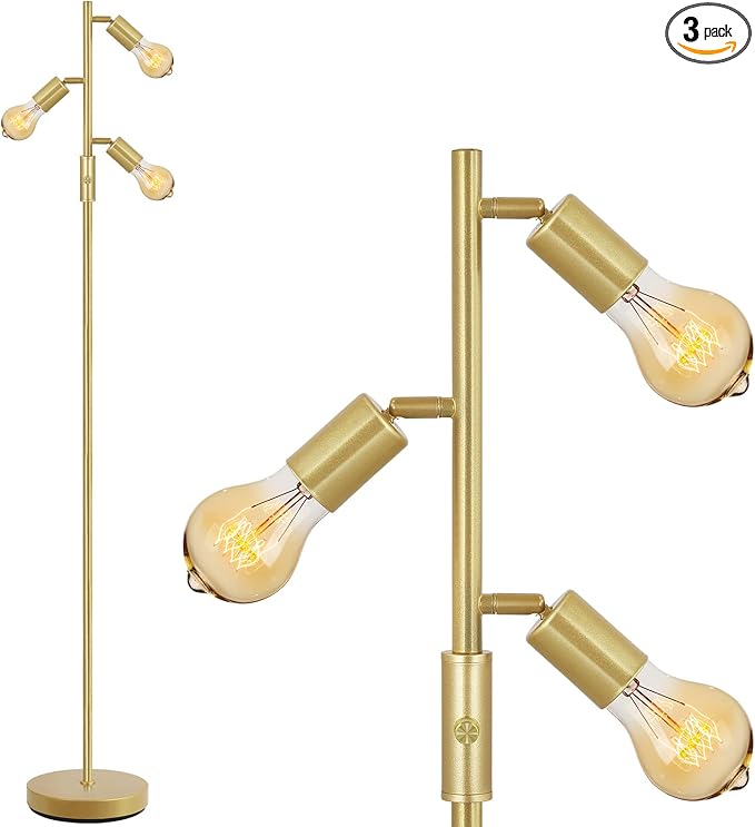 BoostArea Tree Floor Lamp, Brass Gold Industrial Floor Lamp, Modern Standing Lamp with Adjustable 3 Light, E26 Socket, Rotary Switch, Boho Stand Up Lamp Pole Lamps for Living Room, Bedroom (No Bulbs)